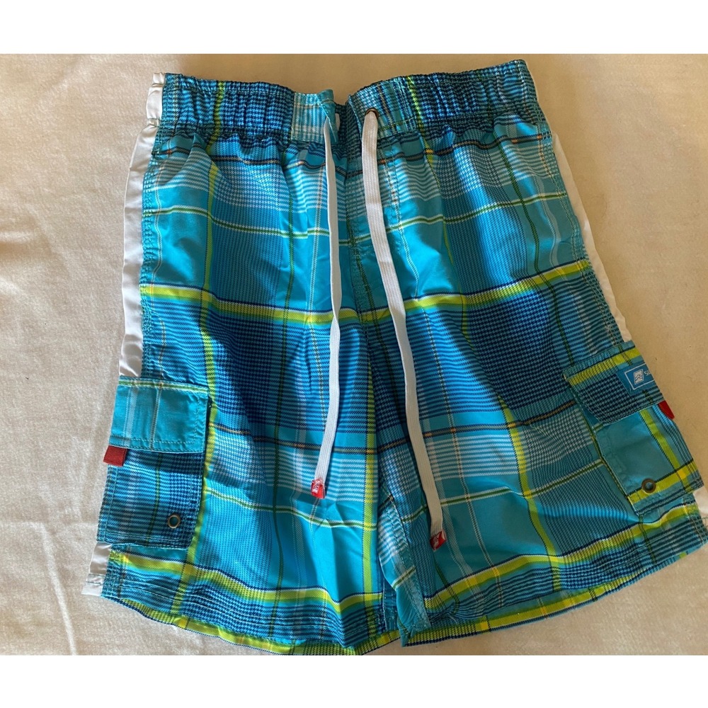 Surfmentality Swim Trunks Mens S Blue Green Plaid Cargo Board‎ Shorts